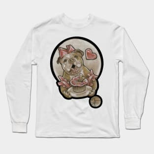 Bulldog Cutie & Cupcake - Black Outlined Version Long Sleeve T-Shirt